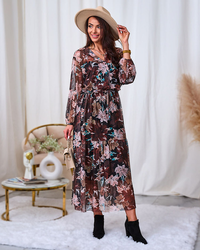 Royalfashion Dark brown mesh floral maxi dress