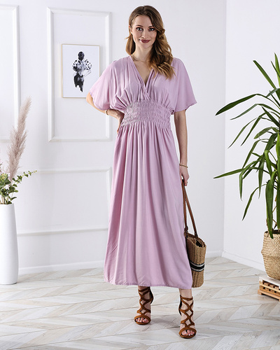 Pink women's long dress with envelope neckline - Clothing