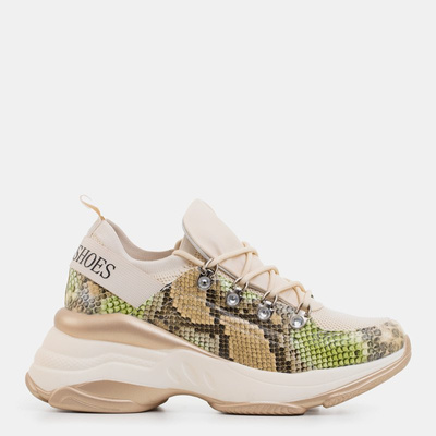 Beige sports sneakers for women with color embossing a'la snake skin Aminov - Footwear