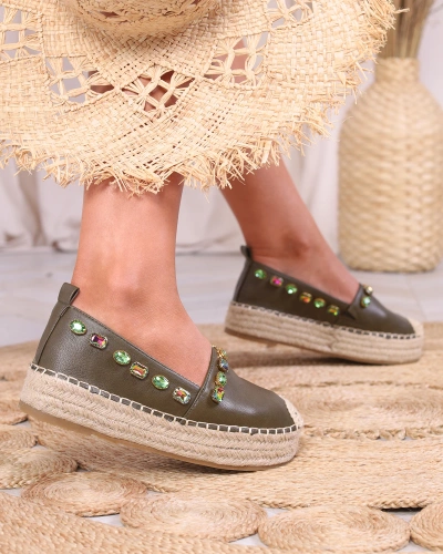 Women's espadrilles with crystals in khaki green - Footwear