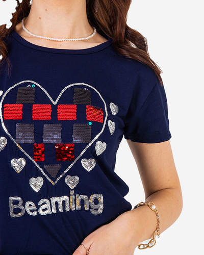 Navy blue women's t-shirt with print - Clothing