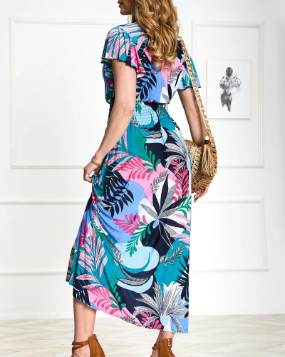 Blue women's long dress with floral print - Clothing