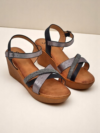 Royalfashion Women's wedge sandals with rhinestones and glitter Glittera