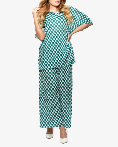 Green women's pleated patterned set - Clothing