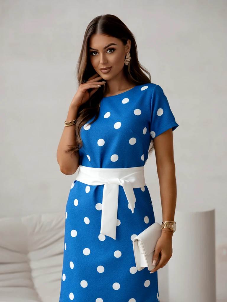 Royalfashion sieviešu ceļgala garuma kleita ar īsām piedurknēm un pumpiņu kakla saiti