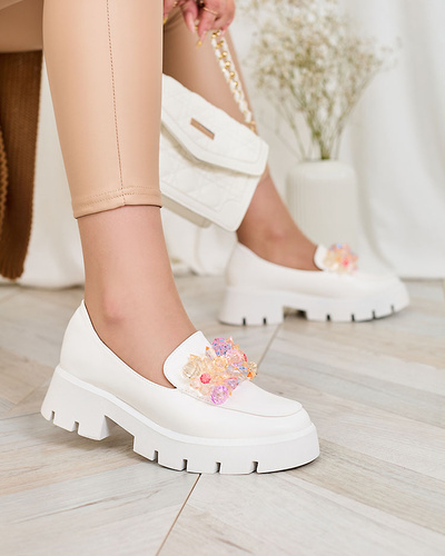 Royalfashion White women's moccasins with colorful crystals Crystal Glam