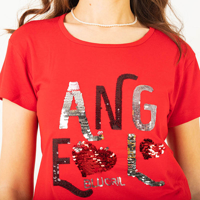 Red ladies t-shirt with sequin lettering - Clothing