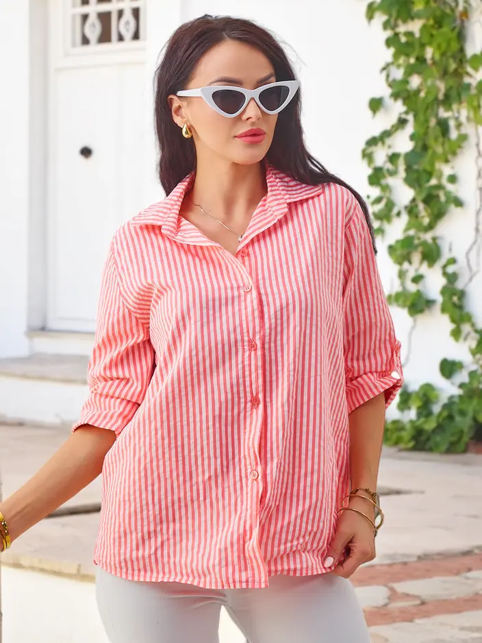 Royalfashion Women's striped cotton shirt with tie at the bottom