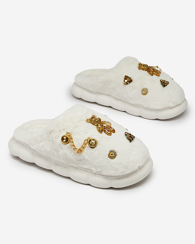 Royalfashion White women's fur slippers with ornaments Erserra