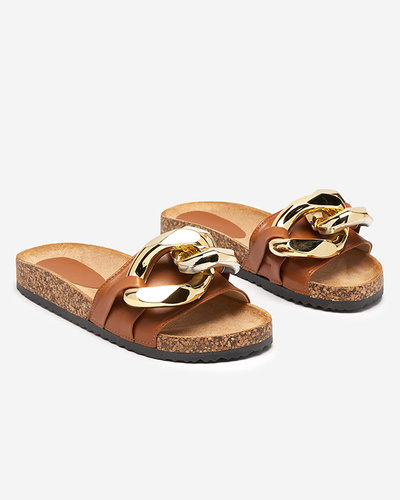 Ladies' brown slippers with decoration at Fixci- Footwear