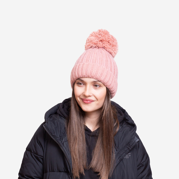 Dark pink women's insulated glossy beanie with pompom - Accessories