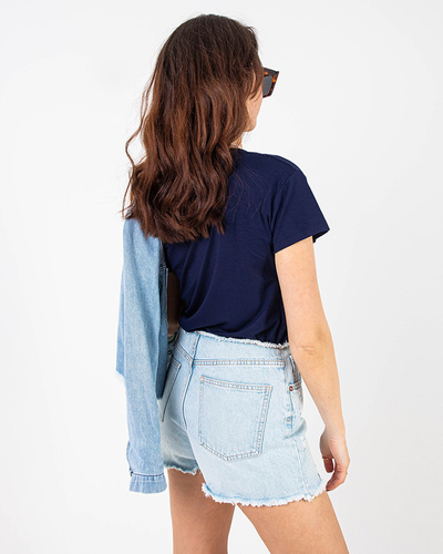 Navy blue women's t-shirt with an inscription and sequins - Clothing