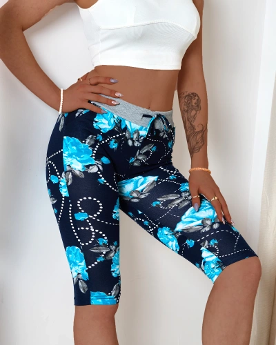 Women's floral 3/4 length shorts, navy blue and blue PLUS SIZE - Clothing