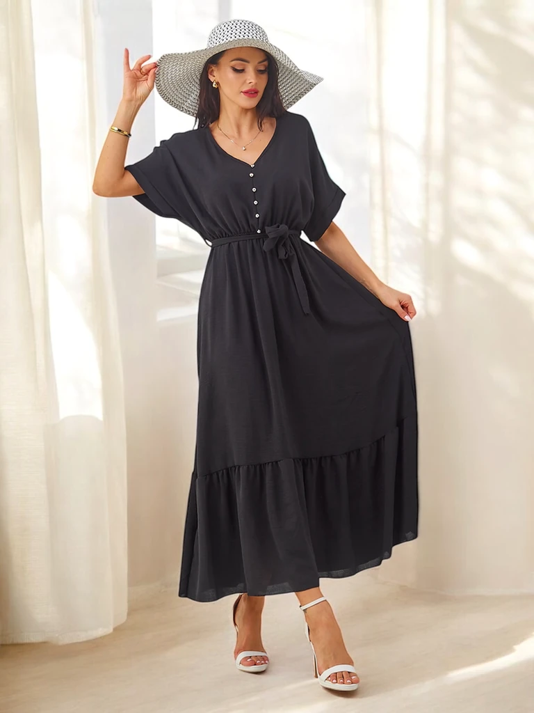 Royalfashion Sieviešu midi kleita ar īsām piedurknēm un dekoratīviem pogām