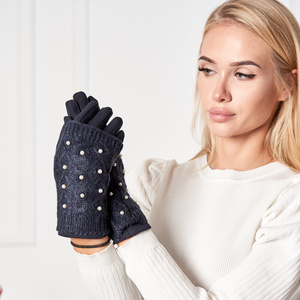 Women's navy blue mittens with pearls - Gloves