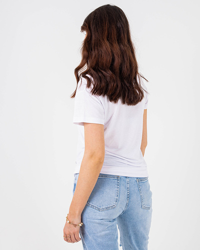 White women's t-shirt with colored print and sequins - Clothing