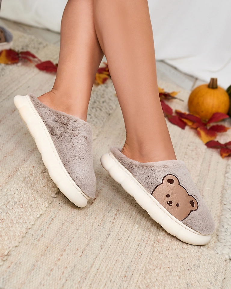 Royalfashion Sieviešu kažokādas čības ar lācīti pelēkā krāsā Fetemes