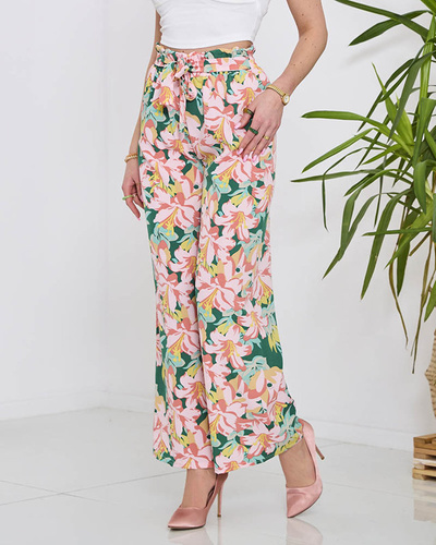 Women's green palazzo pants with pink flowers - Clothing