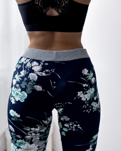 Women's navy blue 3/4 shorts with green flowers PLUS SIZE - Clothing