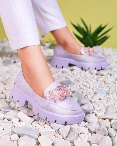 OUTLET Royalfashion Purple women's moccasins with colorful crystals Crystal Glam