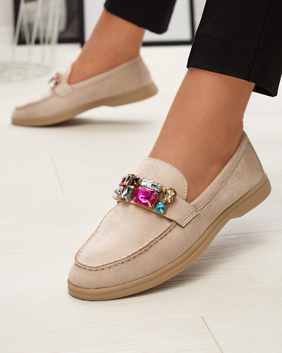 Eco suede beige women's moccasins with decorative crystals Nellens- Footwear