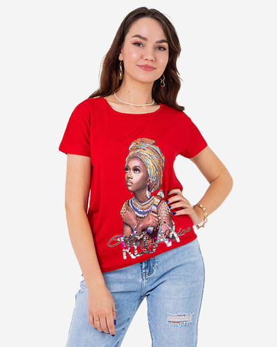 Red women's t-shirt with colored print and sequins - Clothing