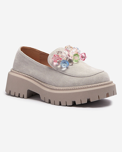 Light gray women's moccasins with colorful beads Hetika - Footwear