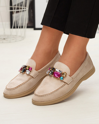 Eco suede beige women's moccasins with decorative crystals Nellens- Footwear