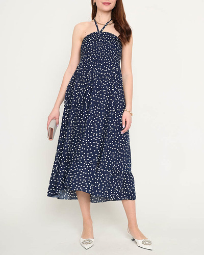 Navy blue ladies midi dress with polka dots - Clothing