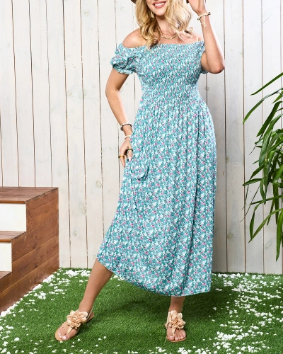 Green women's midi dress with floral pattern - Clothing