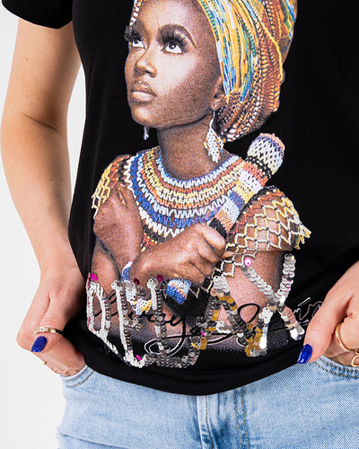 Black women's t-shirt with colored print and sequins - Clothing