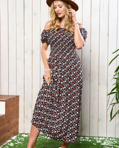 Black women's midi dress with floral pattern - Clothing