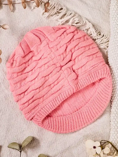 Light pink women's warm hat with pearls - Accessories