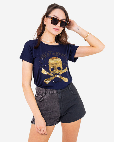 Navy blue women's sequin t-shirt with inscriptions - Clothing