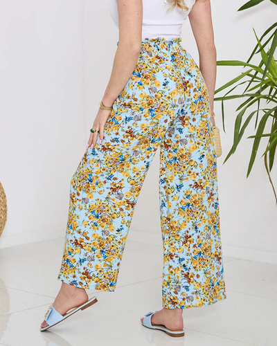 Women's blue palazzo pants with yellow flowers- Clothing