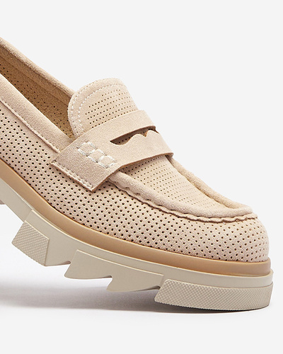 Beige women's openwork moccasins on a solid sole Ejina - Footwear