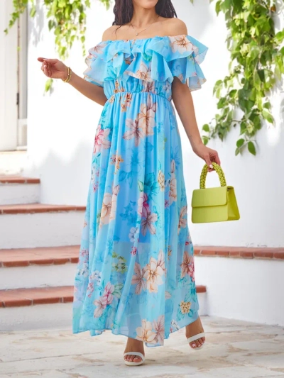 Royalfashion Sieviešu kleita bez plecu ieliktņiem ar īsām piedurknēm dažādos ziedu rakstos